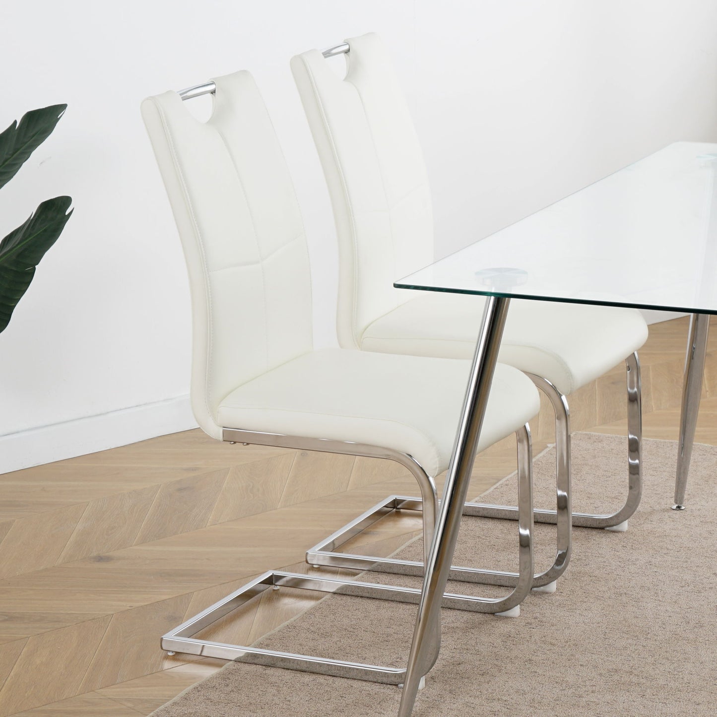 Modern Dining Chairs With Faux Leather Padded Seat And Chrome Metal Legs For Kitchen, Living, Bedroom, Dining Room - White / Silver