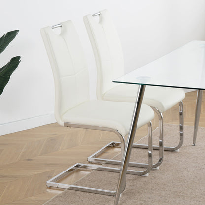 Modern Dining Chairs With Faux Leather Padded Seat And Chrome Metal Legs For Kitchen, Living, Bedroom, Dining Room - White / Silver