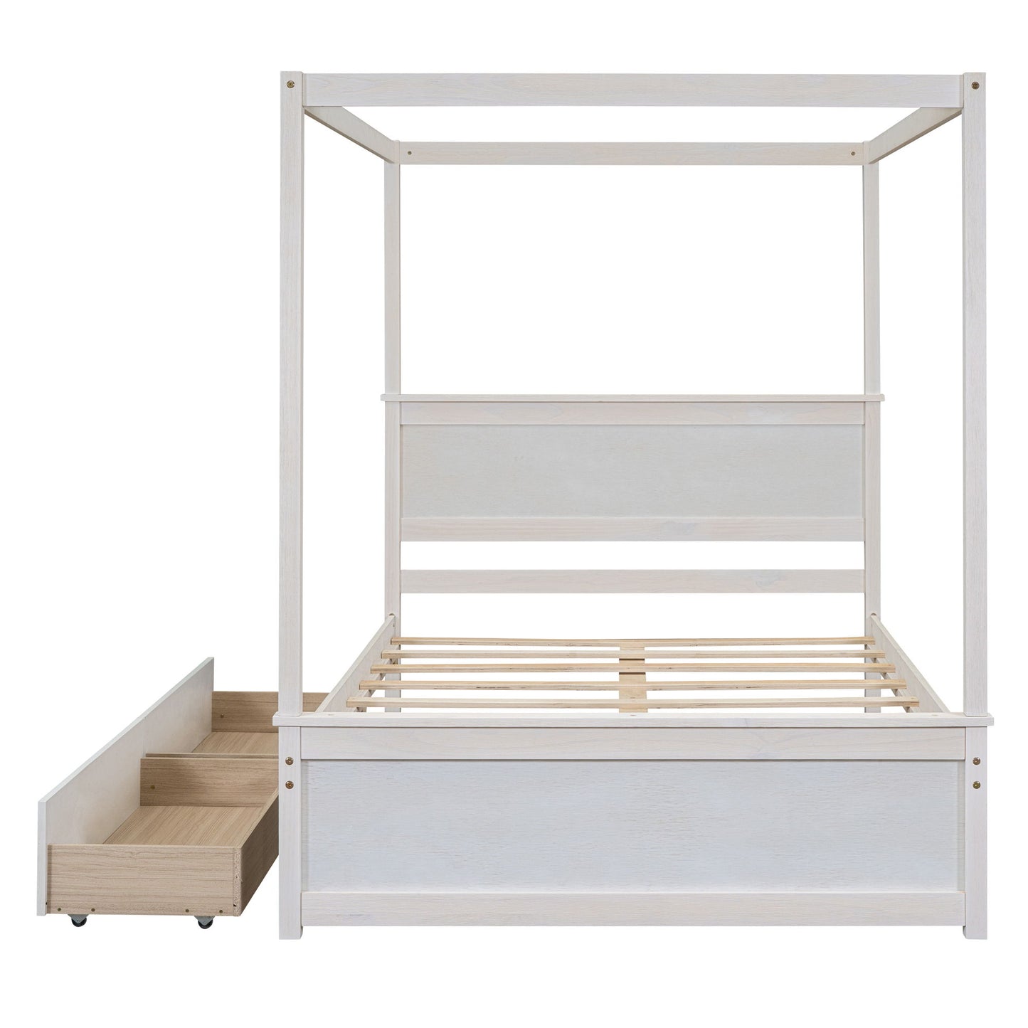 Full Size Canopy Platform Bed 2 Drawers With Support Slats, No Box Spring Needed - Brushed White