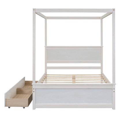 Full Size Canopy Platform Bed 2 Drawers With Support Slats, No Box Spring Needed - Brushed White