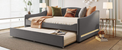 Full Size Upholstered Daybed With Light And Trundle - Gray