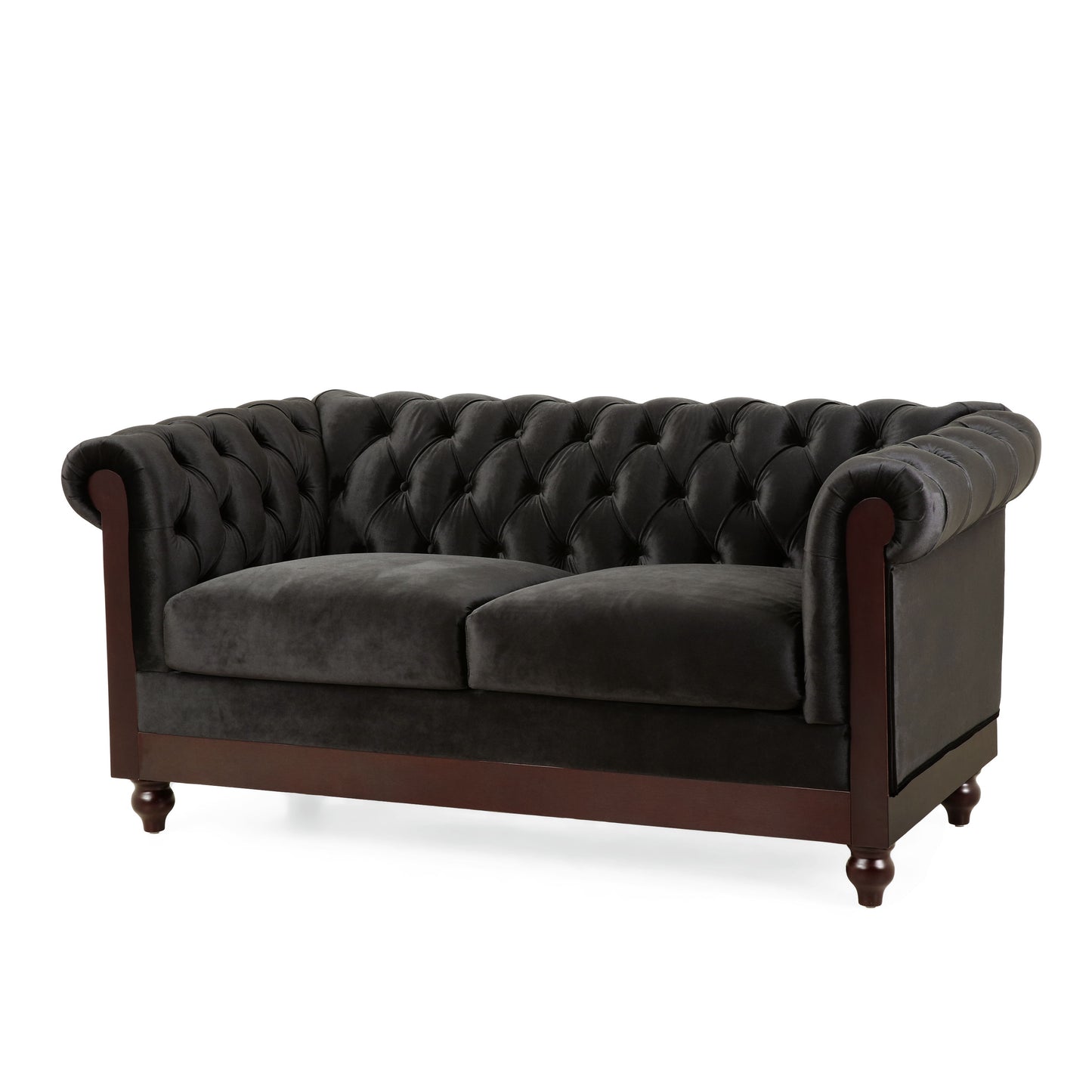 Chesterfield Velvet Loveseat Sofa, 2 Person Rolled Arm Upholstered Couch - Black
