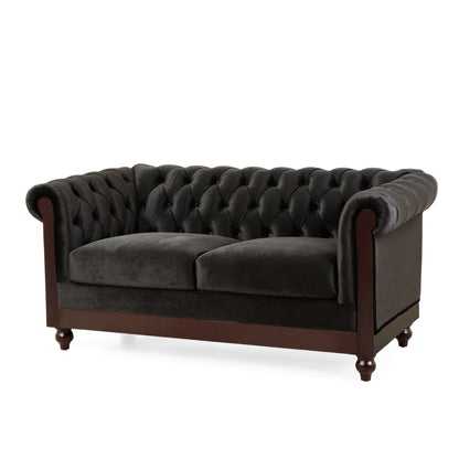 Chesterfield Velvet Loveseat Sofa, 2 Person Rolled Arm Upholstered Couch - Black