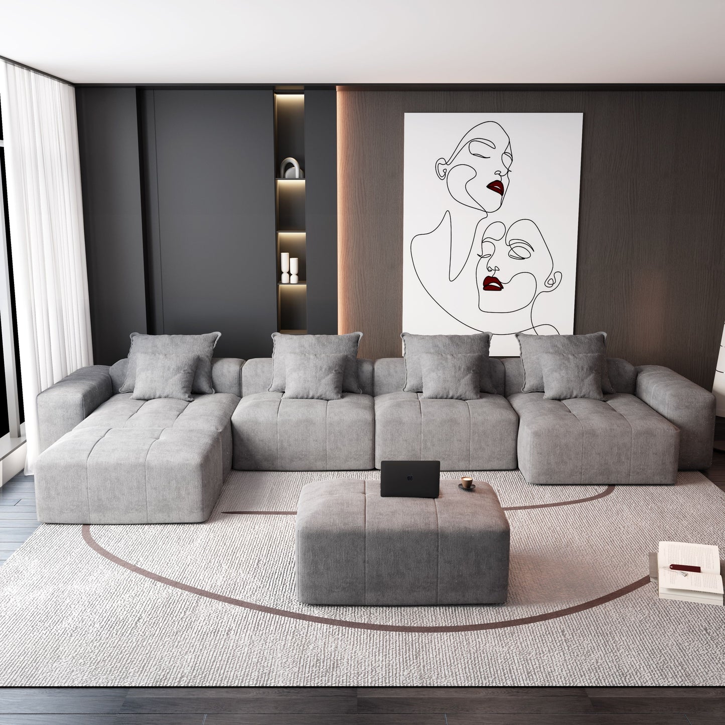Modern Oversized Modular Sectional Sofa, Sparkling Chenille Fabric Soft Cushion Sofa With 8 Pillows, 8 Pieces Diy Combination Tufted Sofa, No Assembly Required - Gray