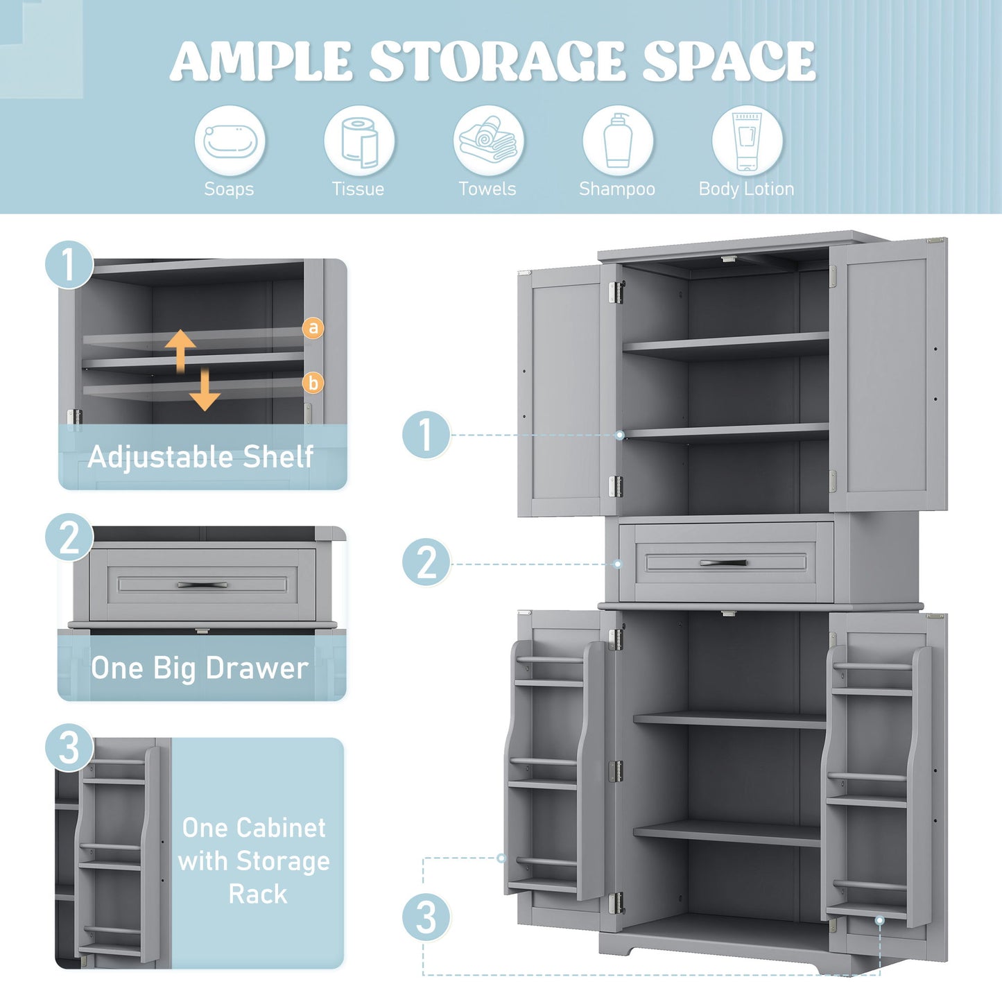 Bathroom Storage Cabinet With Multi Functional Storage Space, Material, Adjustable Shelf, Slide Rail Drawer - Gray