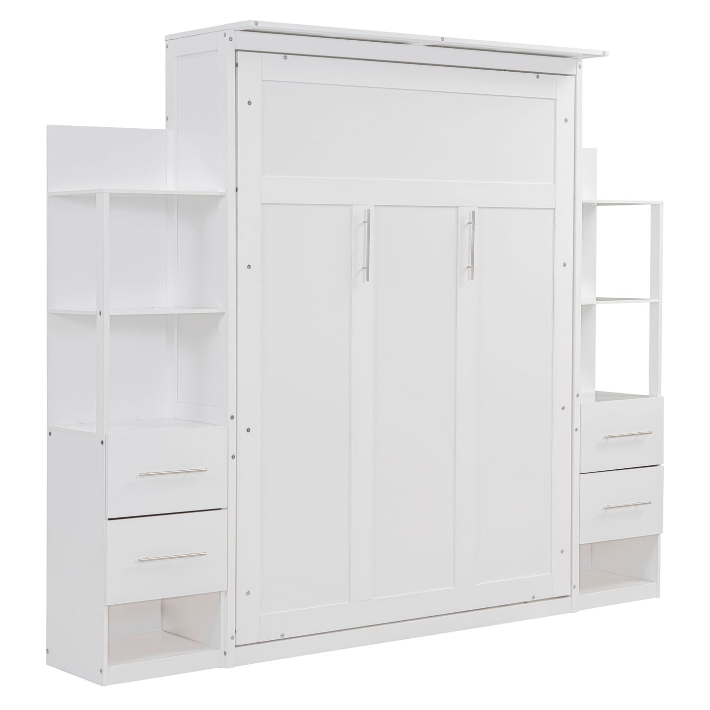 Full Size Murphy Wall Bed With Shelves, Drawers And LED Lights - White
