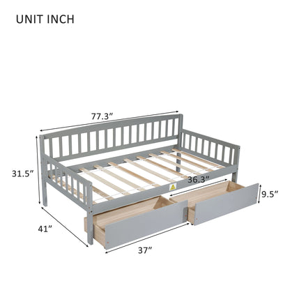 Twin Size Pine Wood Daybed With Two Storage Drawers, Sofa Bed With Bed Platform Of 10 Support Slats - Gray