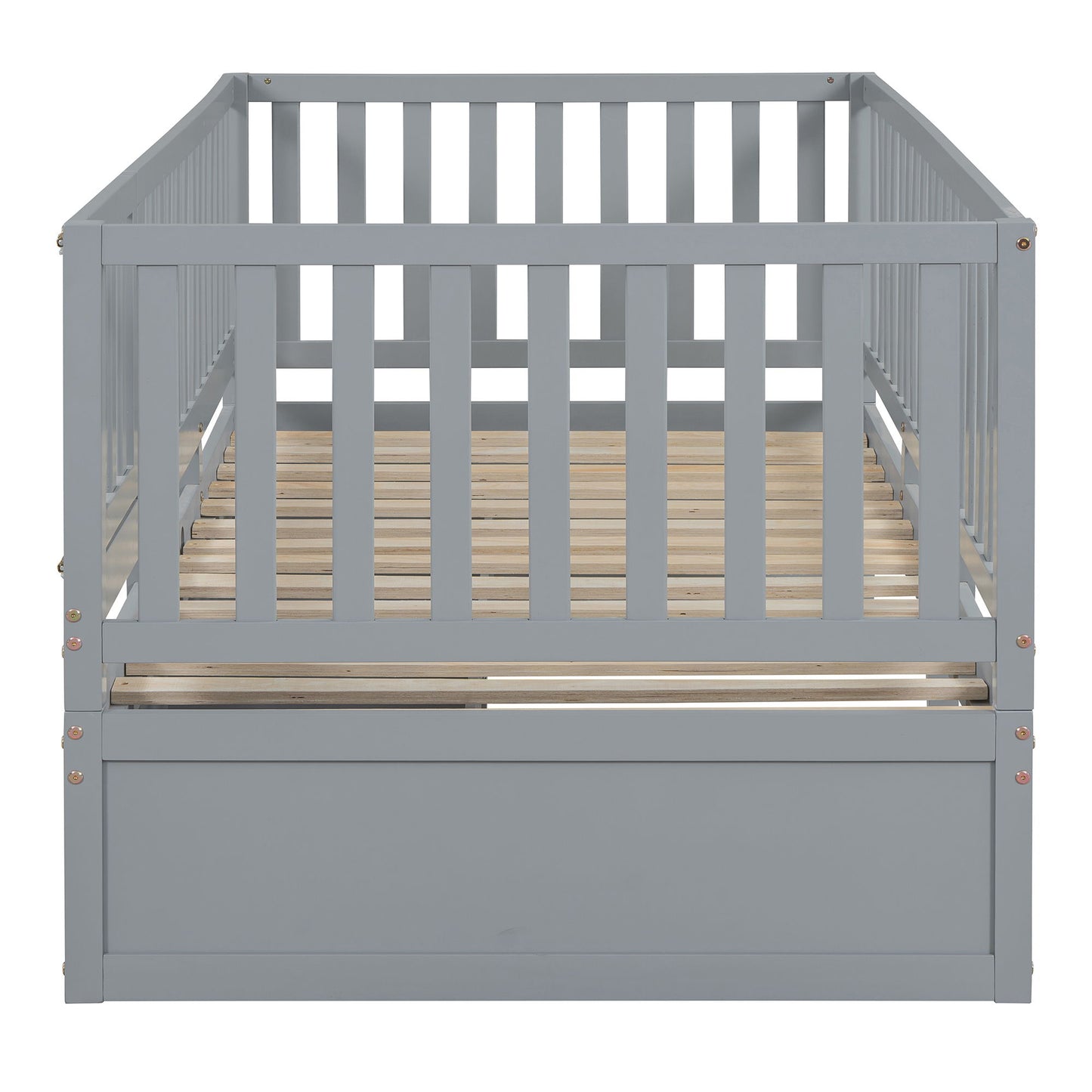 Twin Size Daybed With Fence Guardrails And 2 Drawers, Split Into Independent Floor Bed & Daybed - Gray
