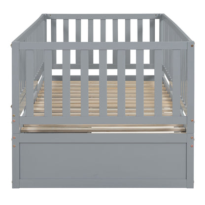 Twin Size Daybed With Fence Guardrails And 2 Drawers, Split Into Independent Floor Bed & Daybed - Gray