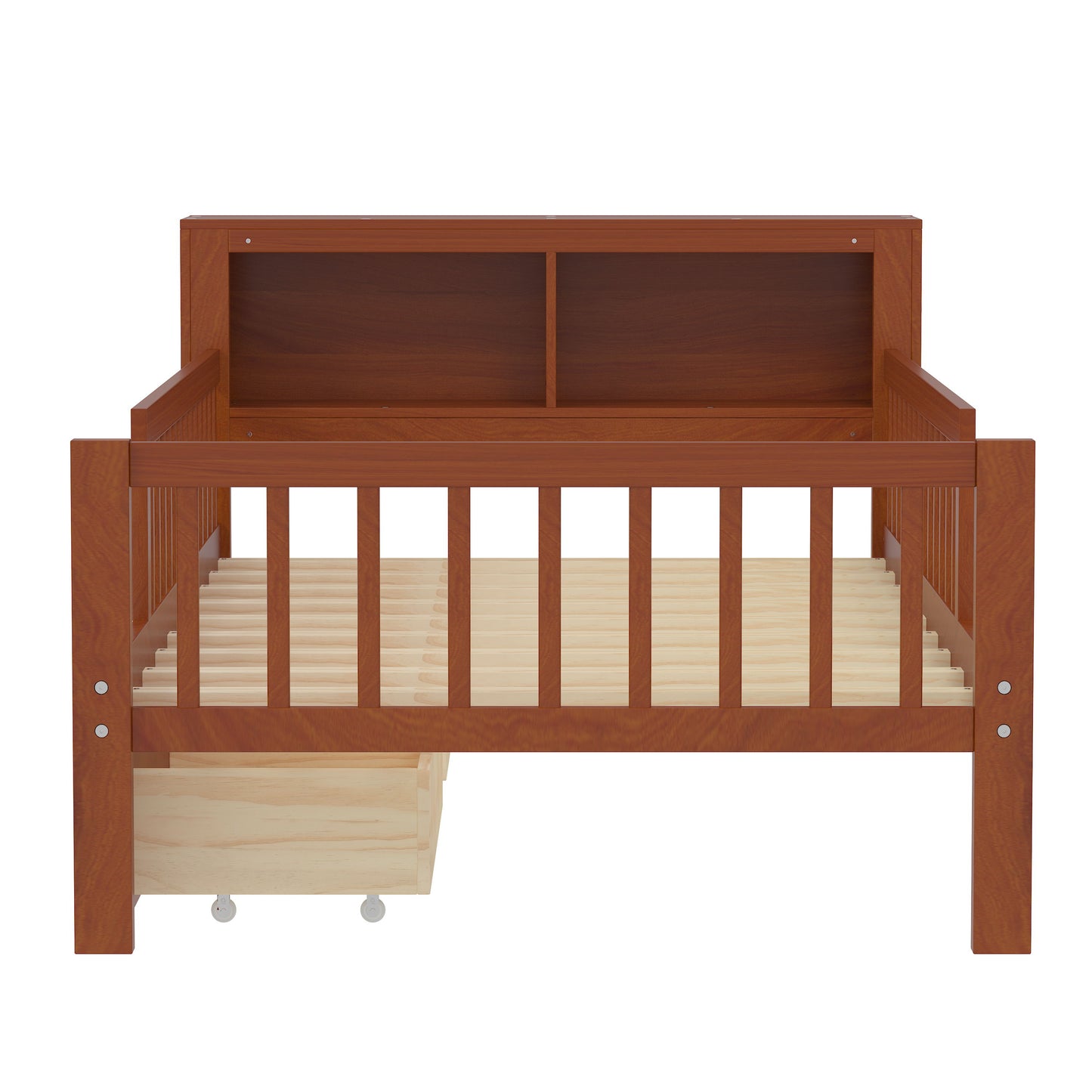 Twin Size Bed With Headboard Storage Rack, 2 Under Bed Drawers, 3 - Side Guardrails For Safety And Security - Walnut
