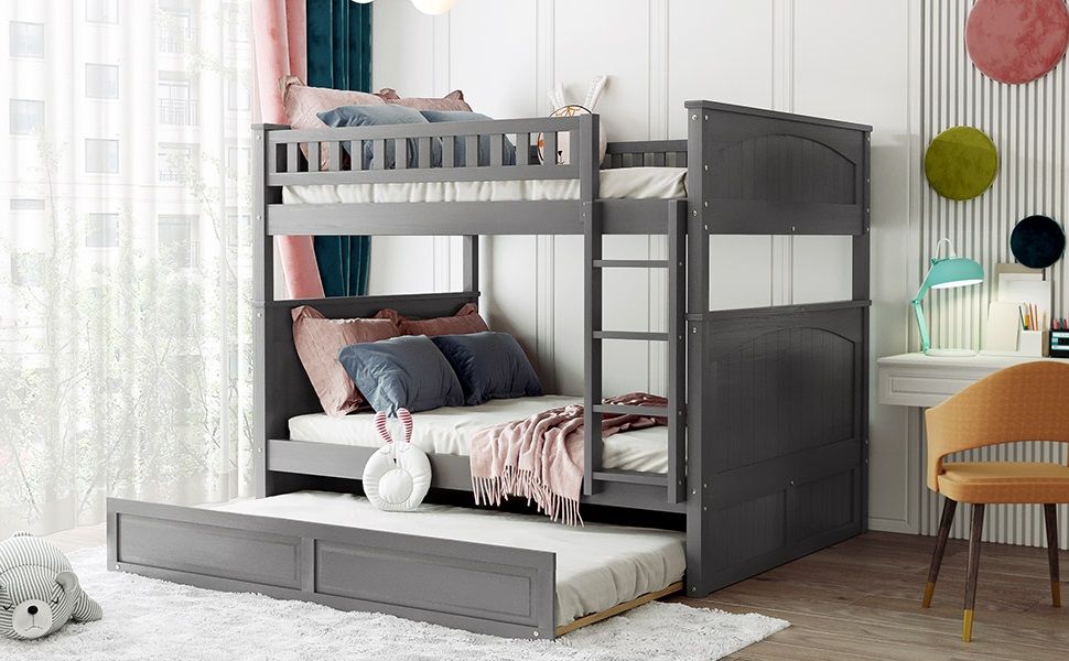 Full Over Full Bunk Bed With Twin Size Trundle, Guardrails - Brushed Gray