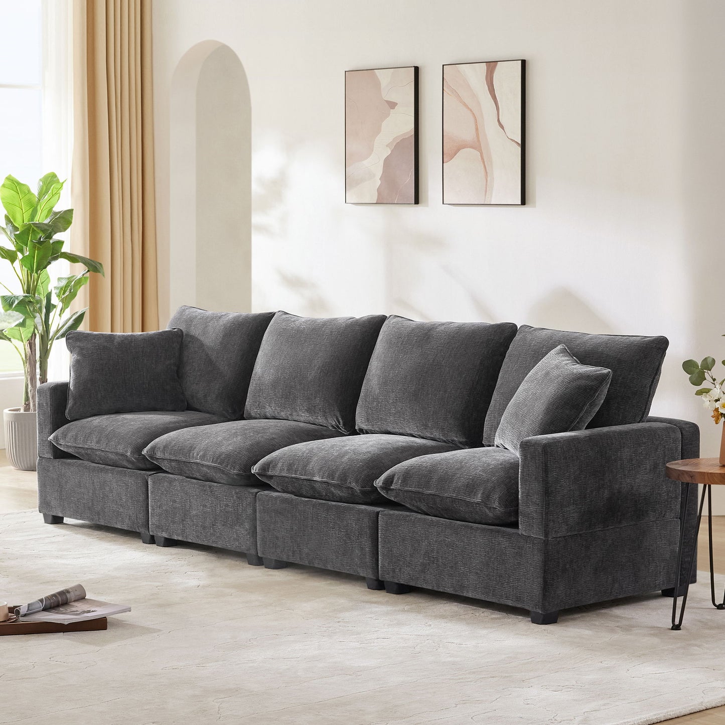 Modern Modular Sofa, 4 Seat Chenille Sectional Couch Set With 2 Pillows Included, Freely Combinable Indoor Funiture - Black / Gray