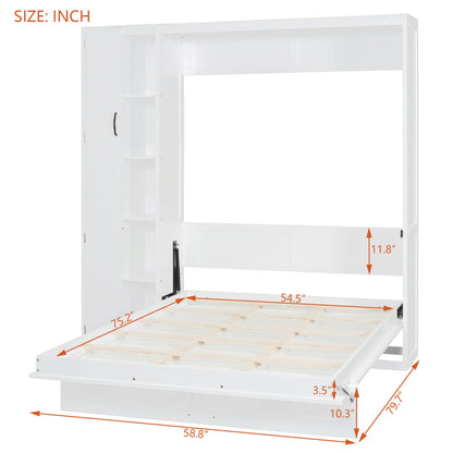 Full Size Murphy Wall Bed With Shelves, Wardrobe And LED Lights - White