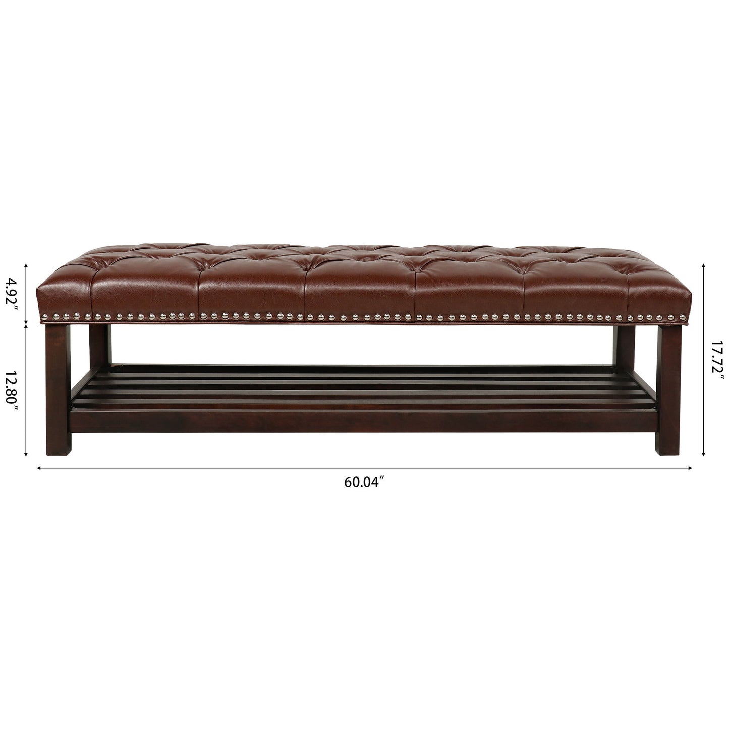 Bedroom End Of Bed Bench Tufted Upholstered End Of Bed Bench End Of Bed Entrance Shoe Bench, 60" With Nailhead Trim And Shelf Bedroom Upholstered Leather Bench Living Room Shoe Rack Footstool - Dark Brown