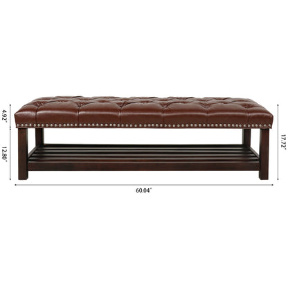Bedroom End Of Bed Bench Tufted Upholstered End Of Bed Bench End Of Bed Entrance Shoe Bench, 60" With Nailhead Trim And Shelf Bedroom Upholstered Leather Bench Living Room Shoe Rack Footstool - Dark Brown