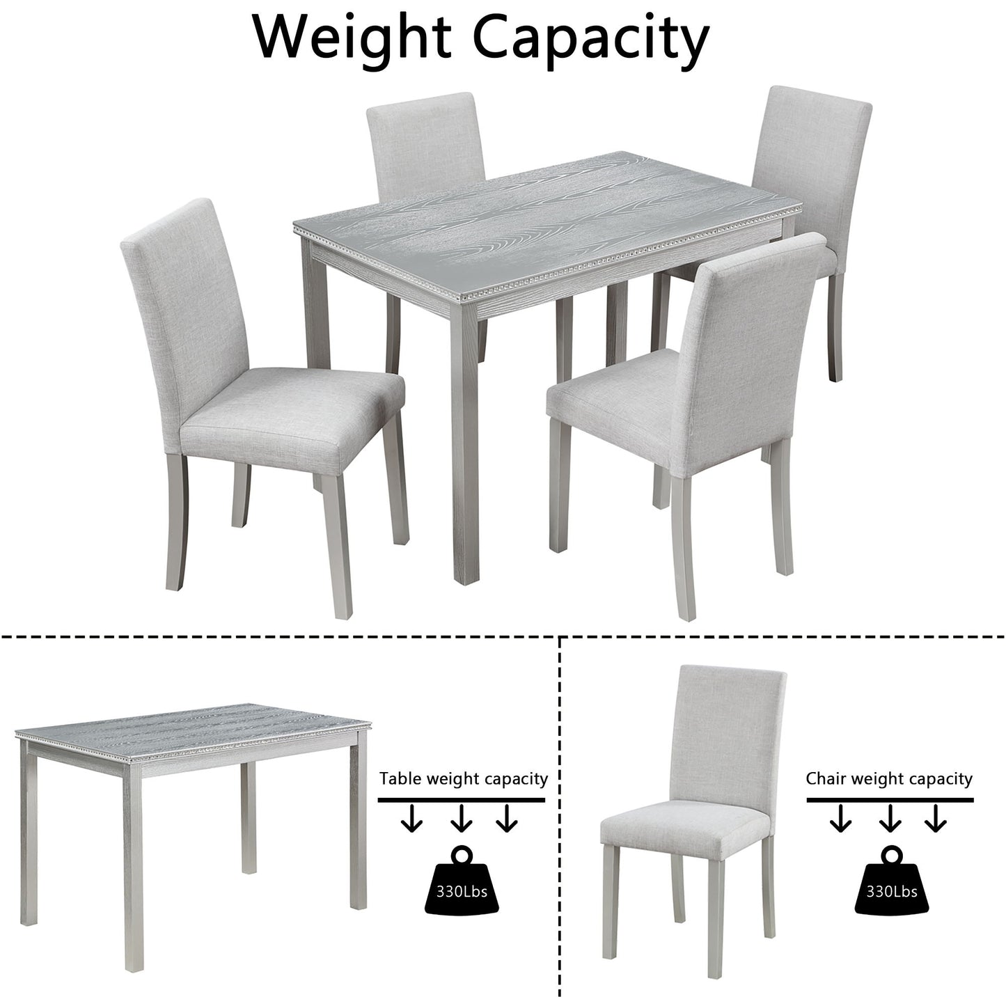 5 Piece Wooden Dining Table Set, Kitchen Table Set With A Rectangular Table And 4 Upholstered Chairs, Wooden Dining Room Table With Crystal Decoration And Chairs Set - Silver Gray