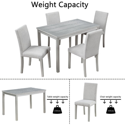 5 Piece Wooden Dining Table Set, Kitchen Table Set With A Rectangular Table And 4 Upholstered Chairs, Wooden Dining Room Table With Crystal Decoration And Chairs Set - Silver Gray
