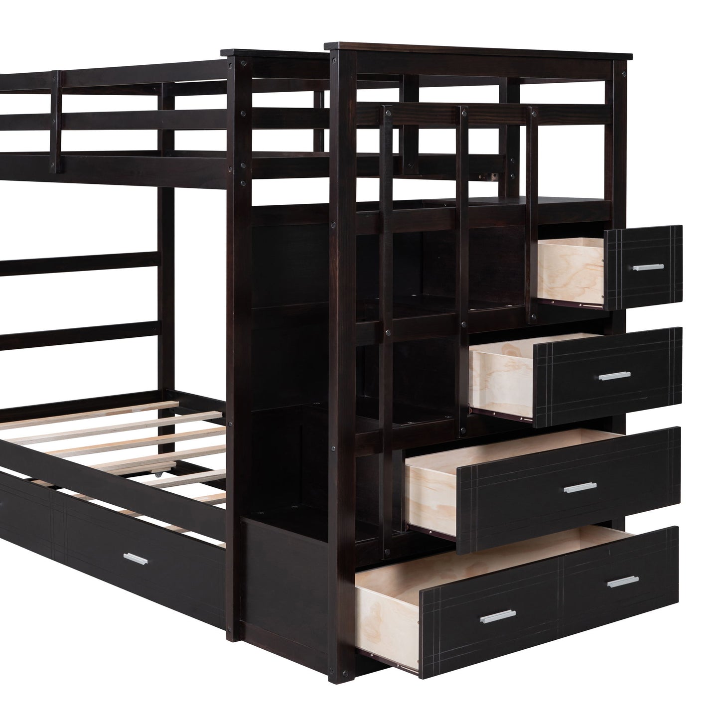 Twin Over Twin Bunk Bed With Trundle And Staircase - Espresso