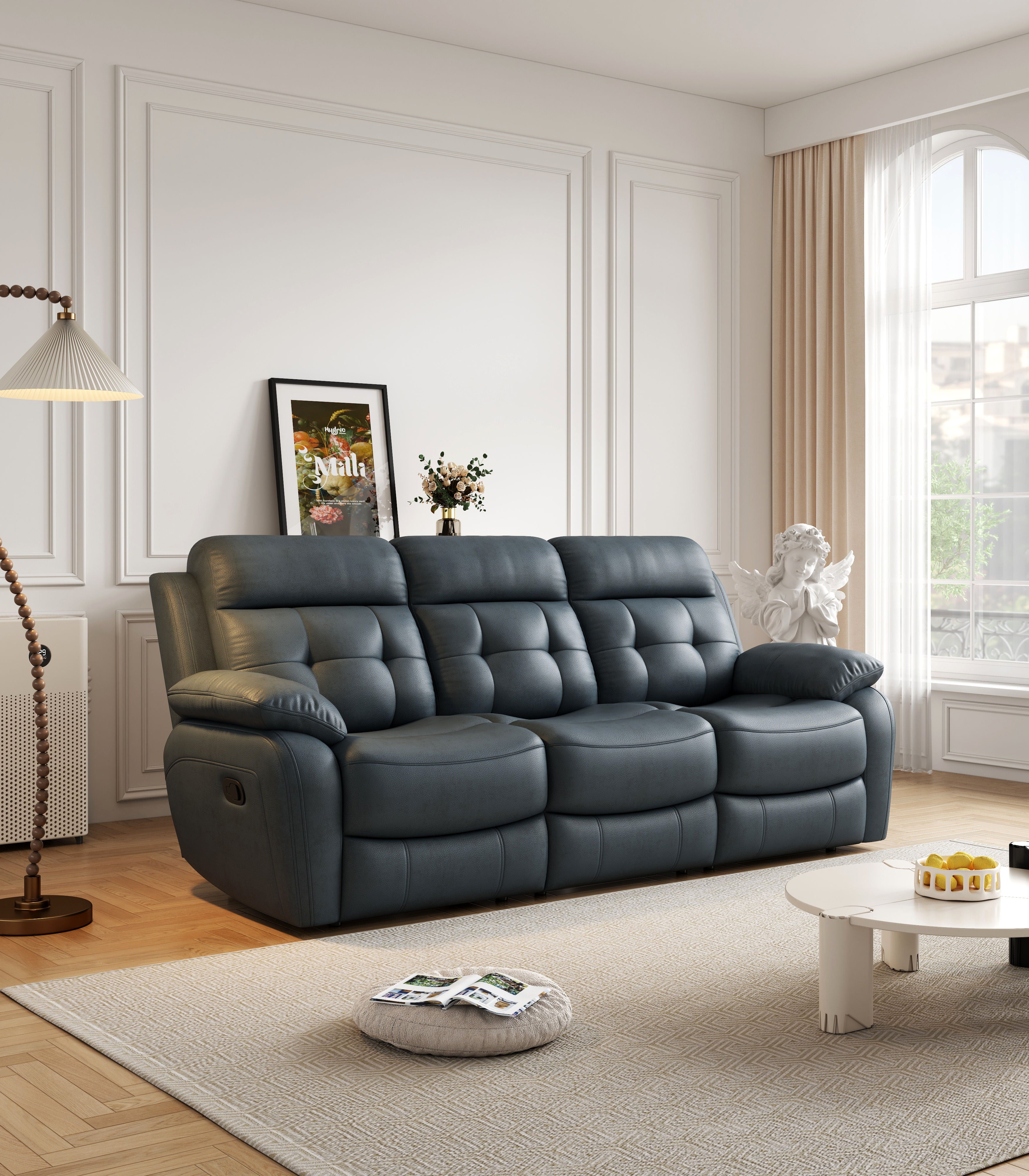 Genuine Leather Non-Power Reclining Sofa With Drop Down Table, Stainless Steel Cupholders And Magazine Bag - Blue