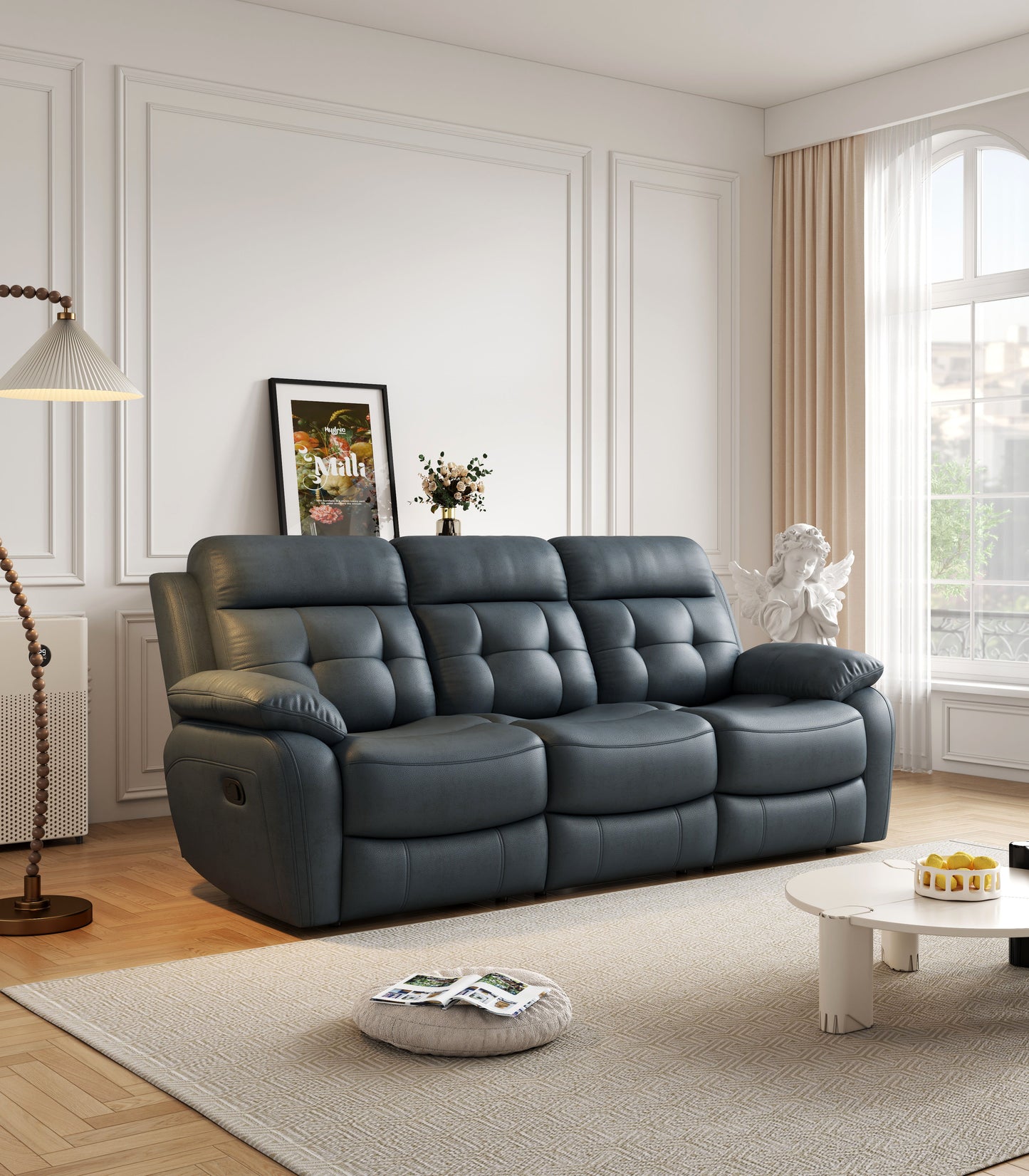 Genuine Leather Non-Power Reclining Sofa With Drop Down Table, Stainless Steel Cupholders And Magazine Bag - Blue