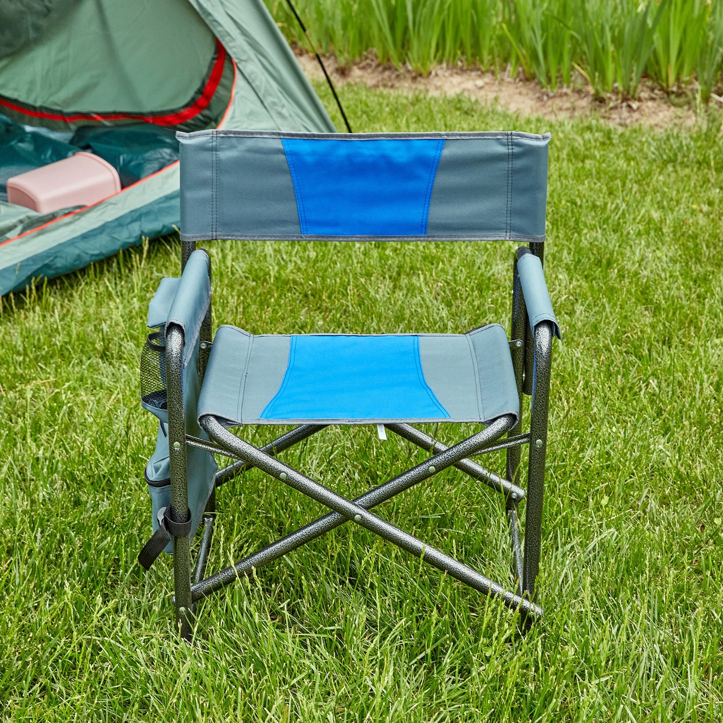 Padded Folding Outdoor Chair With Storage Pockets, Lightweight Oversized Directors Chair For Indoor, Outdoor Camping, Picnics And Fishing - Blue / Gray