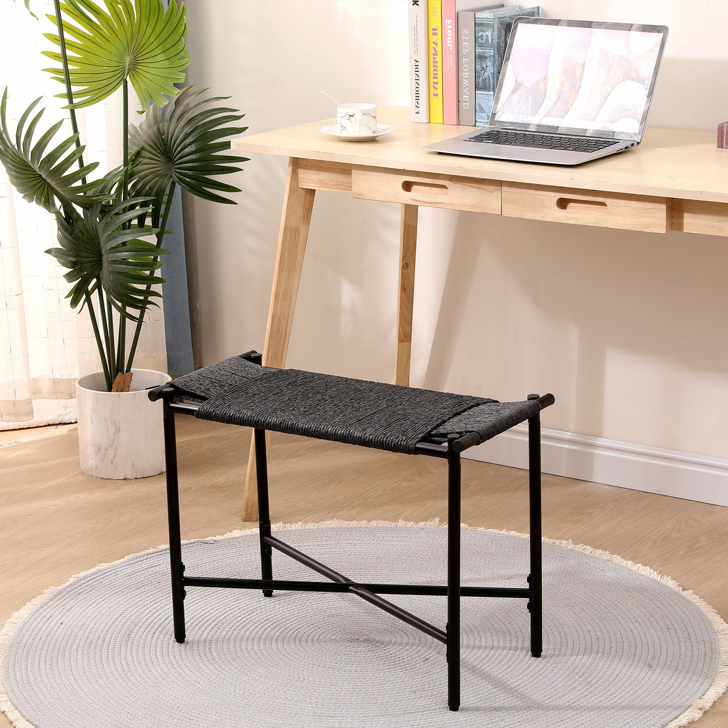 Handwoven Paper Rope Foot Rest Shoes Stools Ottomans For Entryway, Living Room, Bedroom & Office - Black