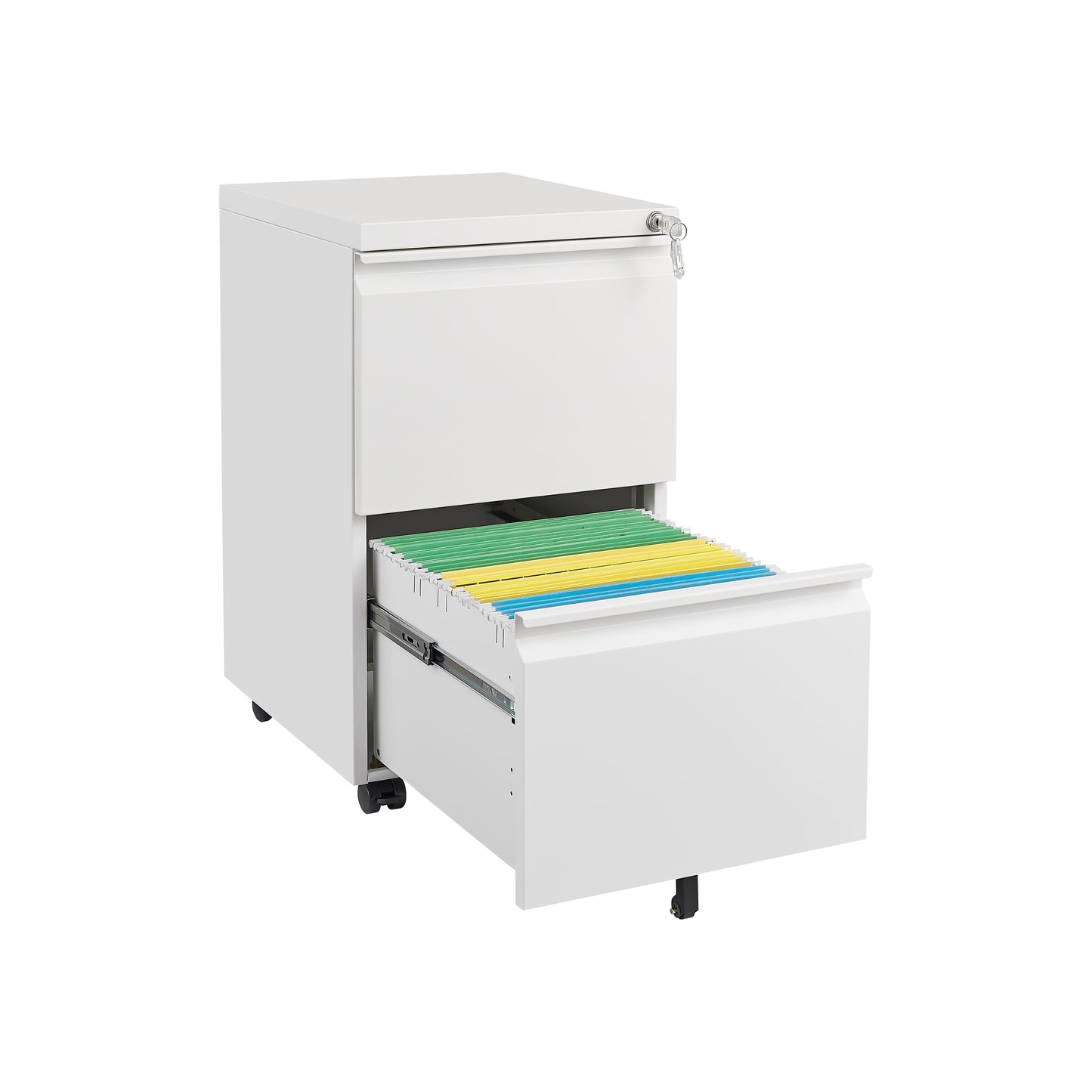 Metal 2 Drawer Mobile File Cabinet With Lock, Under Desk Office Steel Filing Cabinet, 25.6''H Legal / Letter Size Files Storage Cabinet - White