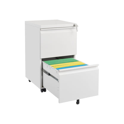 Metal 2 Drawer Mobile File Cabinet With Lock, Under Desk Office Steel Filing Cabinet, 25.6''H Legal / Letter Size Files Storage Cabinet - White