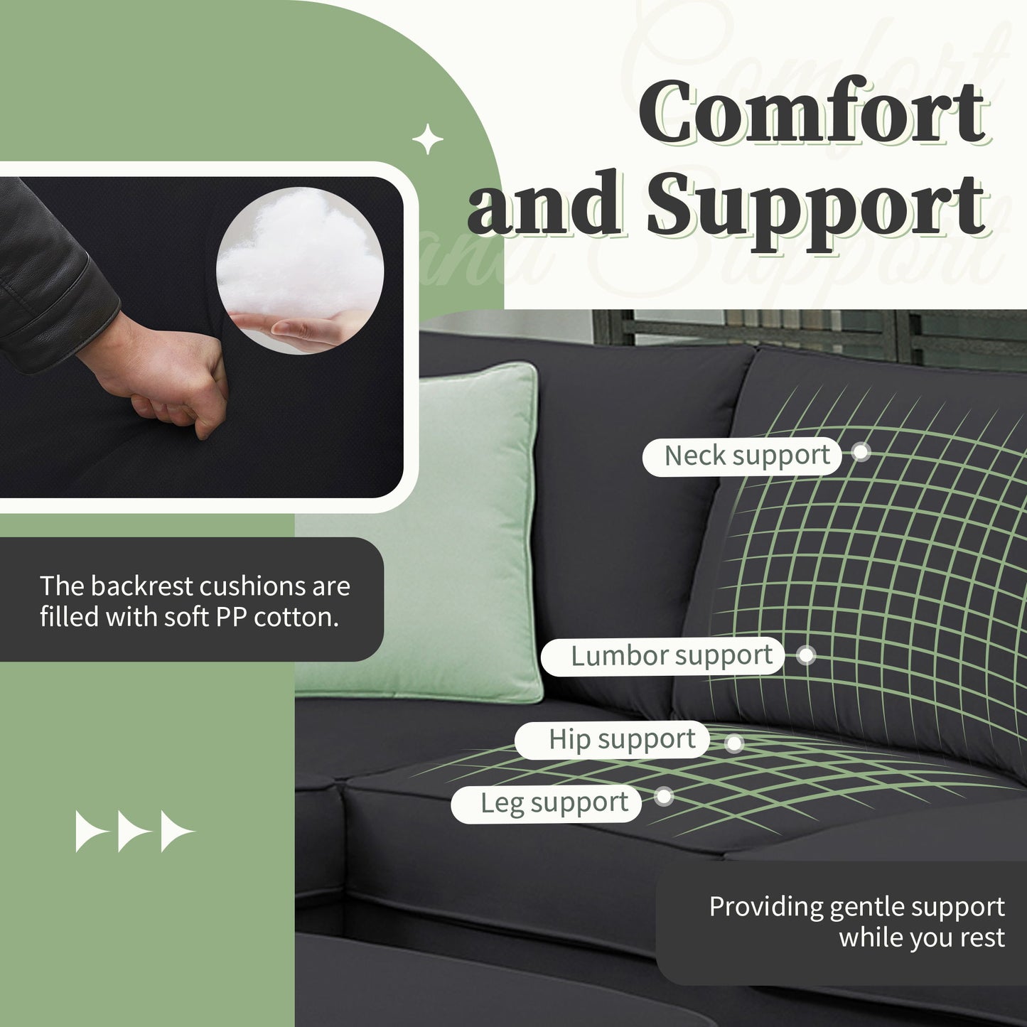 Sectional Sofa Couches Living Room Sets, 7 Seats Modular Sectional Sofa With Ottoman, L Shape Fabric Sofa Corner Couch Set With 3 Pillows - Black