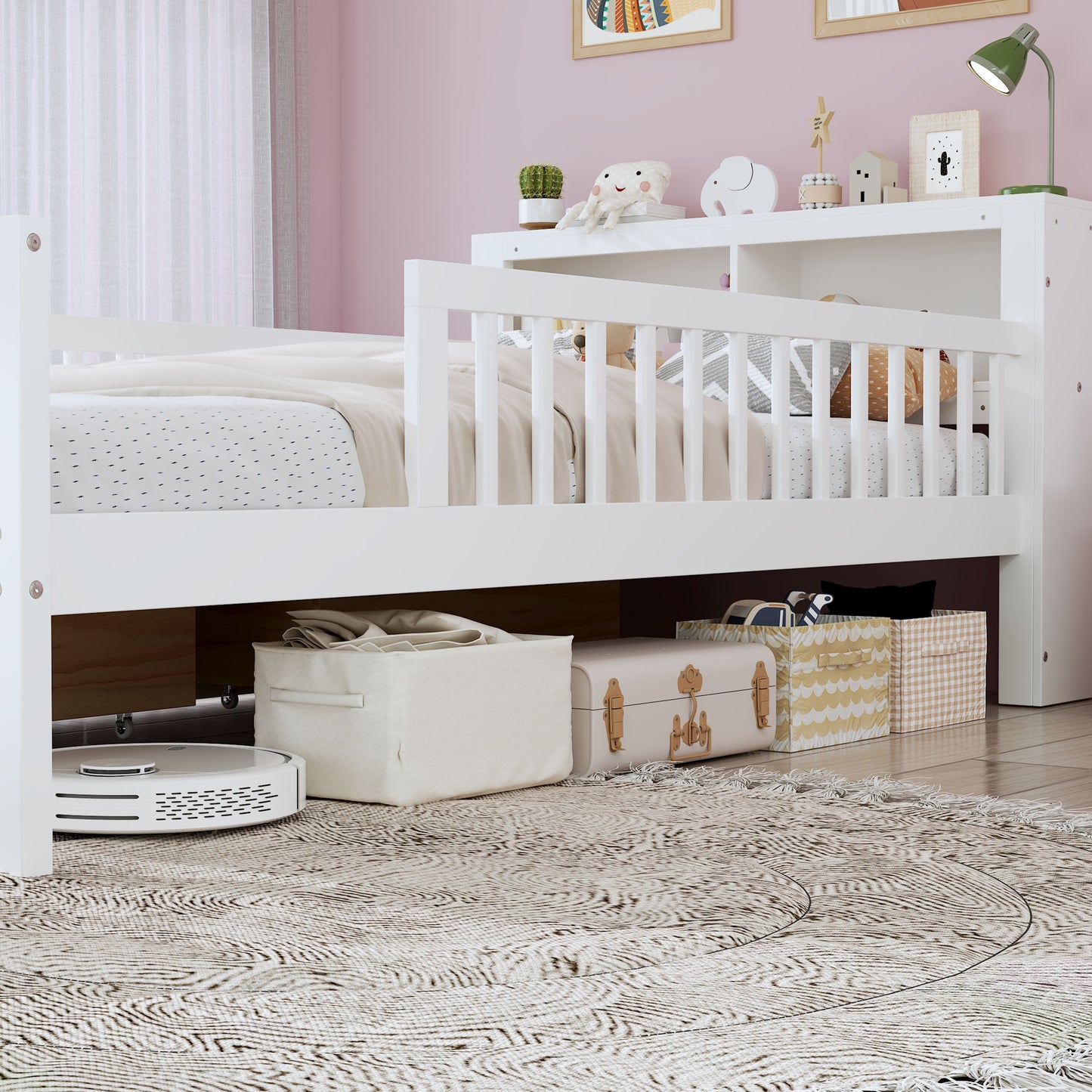 Twin Size Bed With Headboard Storage Rack, 2 Under Bed Drawers, 3 - Side Guardrails For Safety And Security - White
