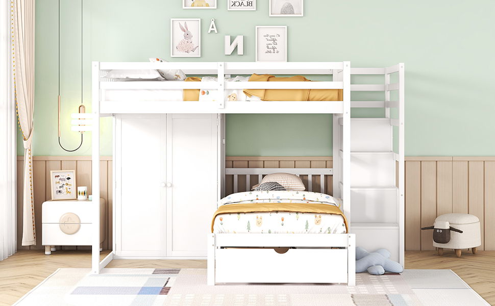 Full Over Twin Bunk Bed With Wardrobe, Drawers - White