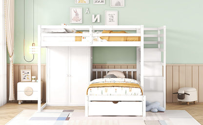 Full Over Twin Bunk Bed With Wardrobe, Drawers - White