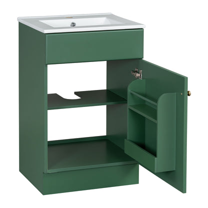 20" Bathroom Vanity With Sink, Freestanding Cabinet With Door Shelf And Adjustable Shelf, And Ceramic Construction - Green