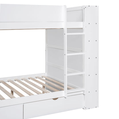 Full Over Full Bunk Bed With 2 Drawers And Multi-Layer Cabinet - White