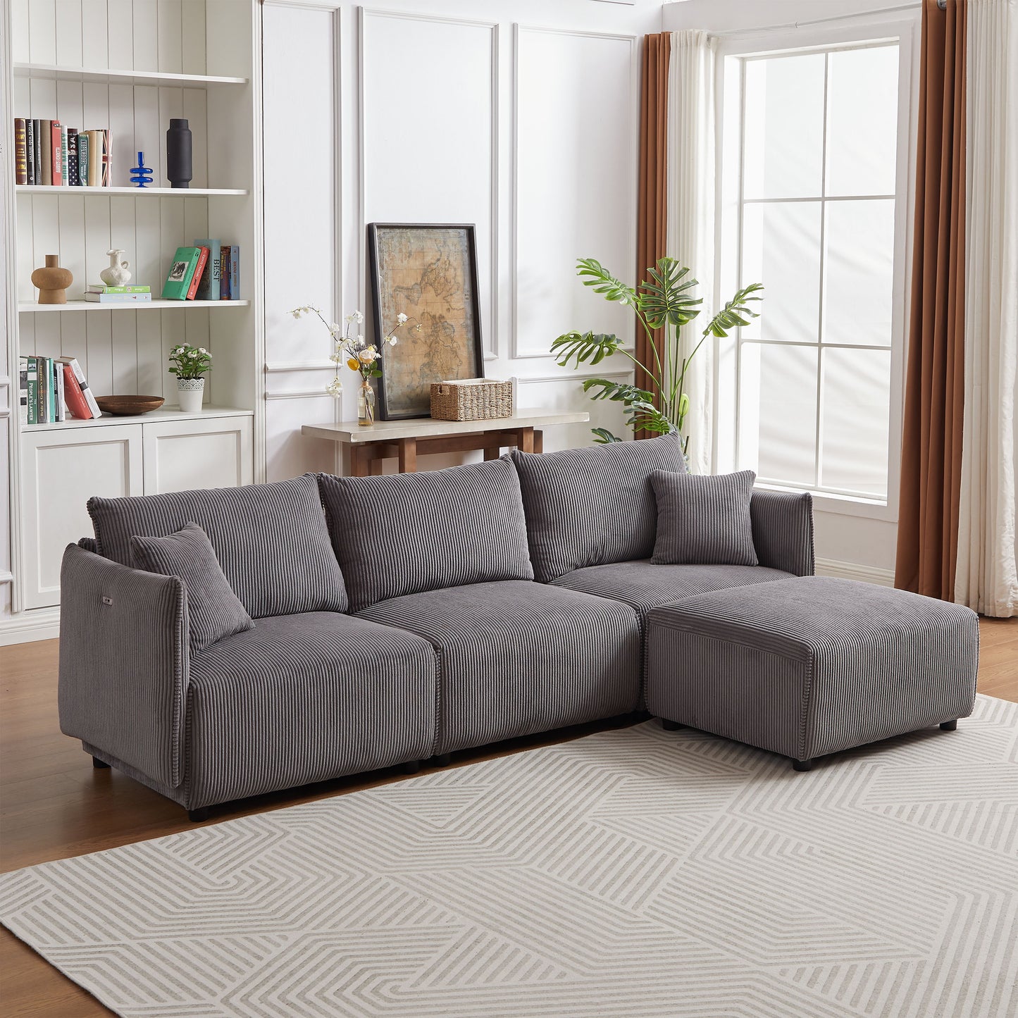 Multi Module Combination Style Sofa For Living Room And Other Lounge Spaces, Modern Minimalist Corduroy Combination Sofa With 2 Comfort Cushions With USB & C Charging Ports - Gray