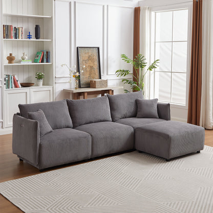 Multi Module Combination Style Sofa For Living Room And Other Lounge Spaces, Modern Minimalist Corduroy Combination Sofa With 2 Comfort Cushions With USB & C Charging Ports - Gray