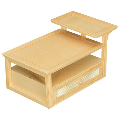 Modern Coffee Table, Coffee Table With 1 Storage Shelf, 2 Tabletops And 1 Rattan Drawer For Living Room - Natural
