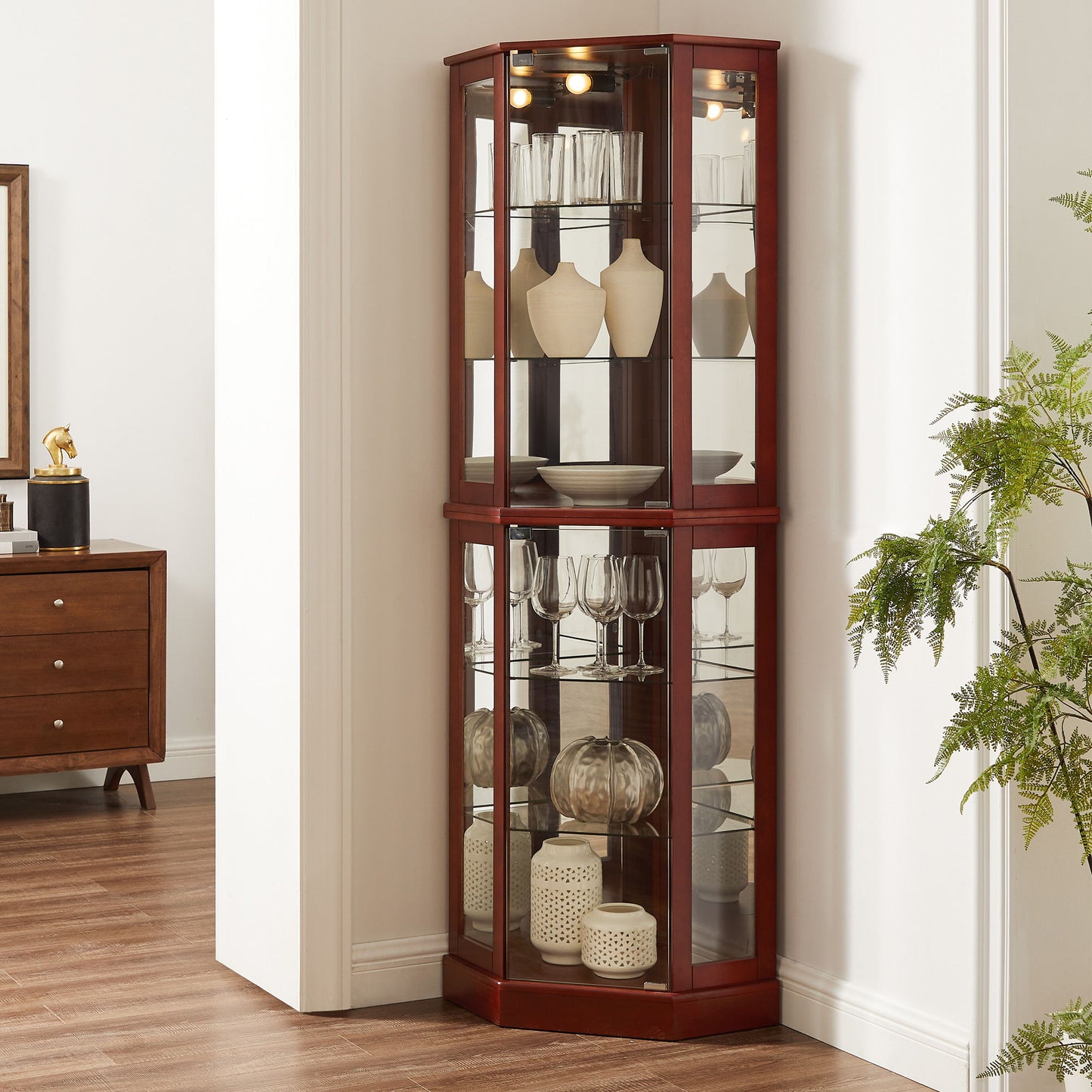 6 Shelf Corner Curio Display Cabinet With Lights, Mirrors And Adjustable Shelves (E26 Light Bulb Not Included) - Cherry