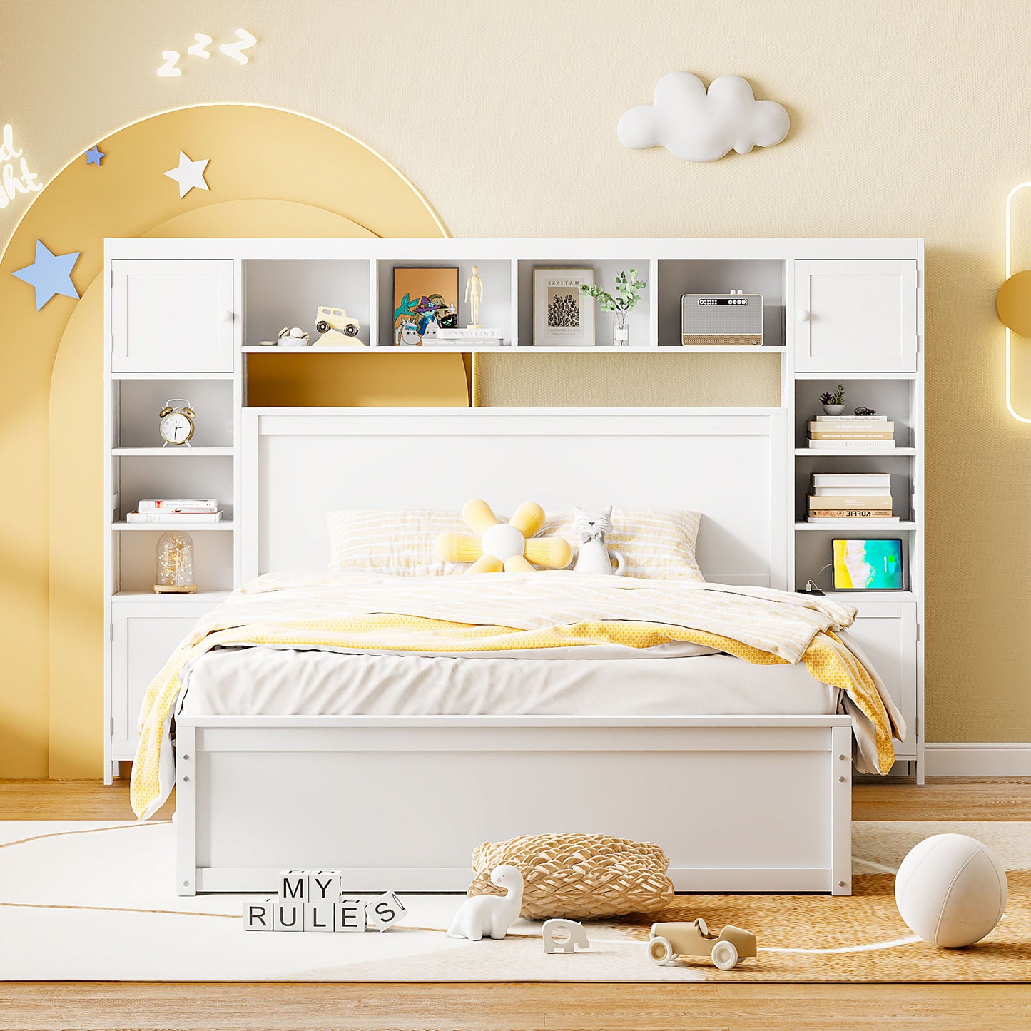 Queen Size Bed With All In One Cabinet, Shelf And Sockets, Twin Long Trundle - White