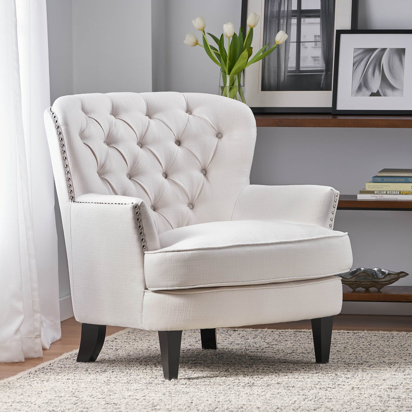 Modern Accent Chair Upholstered Foam Filled Living Room Chairs Comfy Reading Chair Mid Century Modern Chair, Armchair For Living Room Bedroom - Ivory