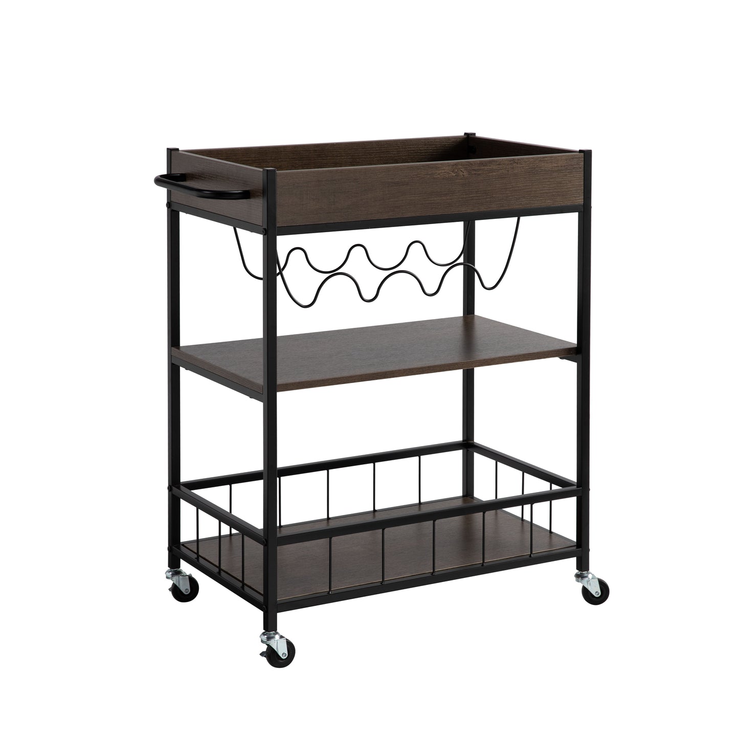 Rolling Kitchen Cart With Three Tiers And Four Wine Bottle Rack - Brown / Black