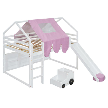 Full Size Loft Bed With House Shaped Frame And Tent - White / Pink