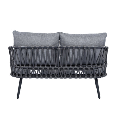 4 Piece Outdoor Patio Furniture Set, Metal Chairs With Woven Rope U Shaped Backrest, Outdoor Conversation Set With Thick Cushions And Coffee Table For Garden, Poolside, Balcony - Black / Gray