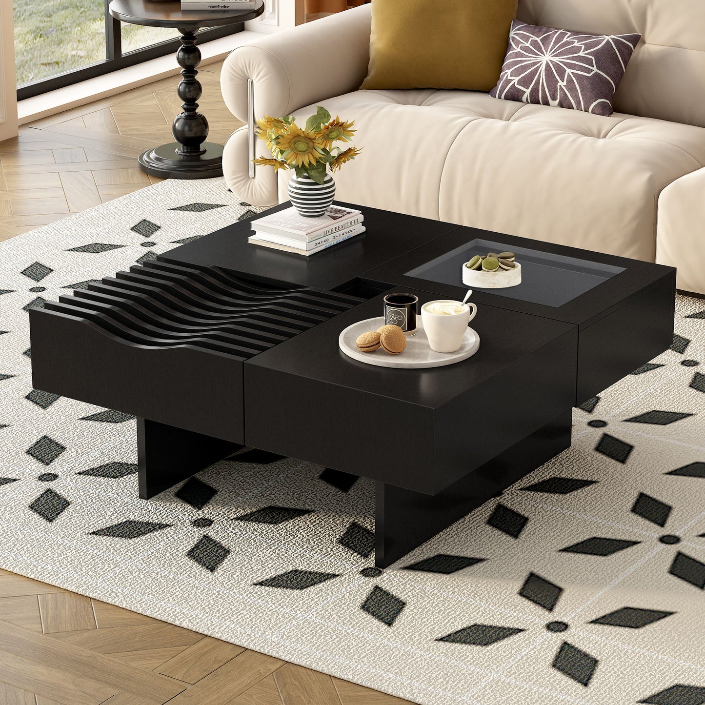 Mid Century Modern Coffee Table, Unique Square Wooden Coffee Table With 3 Drawers, Tempered Glass And Solid Wood Legs For Living Room - Black