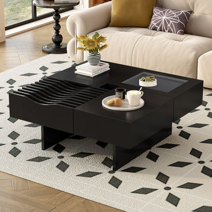 Mid Century Modern Coffee Table, Unique Square Wooden Coffee Table With 3 Drawers, Tempered Glass And Solid Wood Legs For Living Room - Black