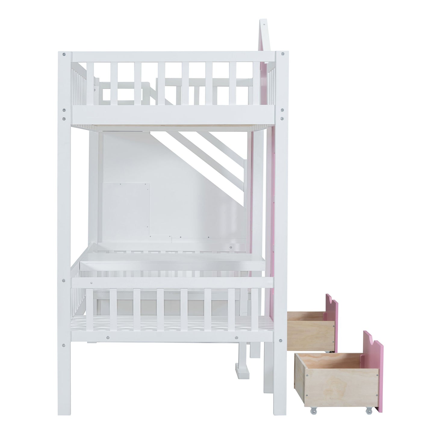 Twin Over Twin Bunk Bed With Changeable Table, Bunk Bed Turn Into Upper Bed And Down Desk - Pink