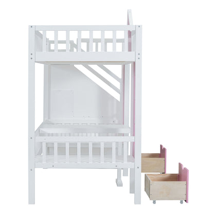 Twin Over Twin Bunk Bed With Changeable Table, Bunk Bed Turn Into Upper Bed And Down Desk - Pink