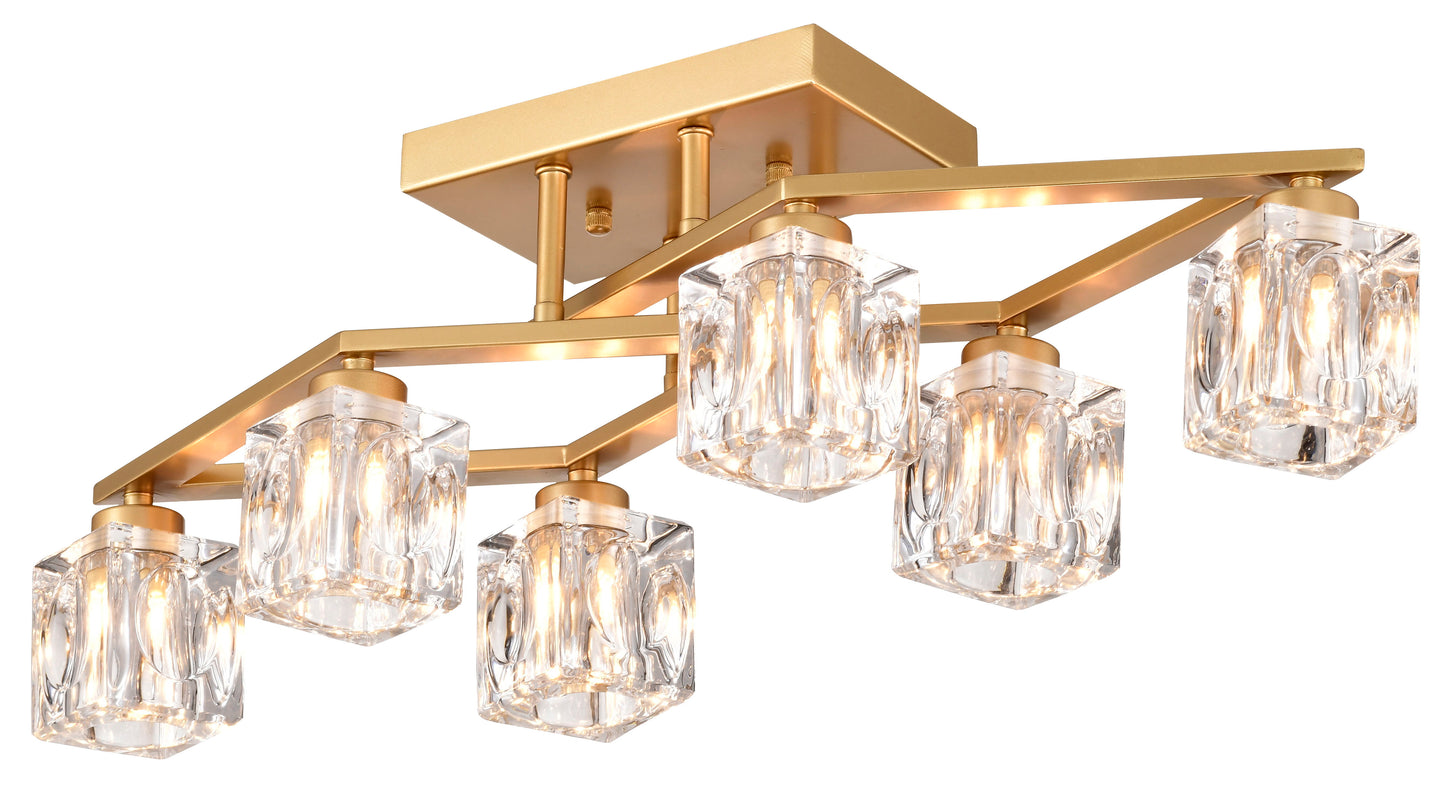 6 Light Crystal Ceiling Light For Dining Room, Modern Ceiling Lamp With Light Fixture For Entryway, Lobby, Kitchen, Bedroom, Living Room, Conference Room, (6*G9 Bulbs Included) - Gold