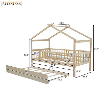 Twin Size House Bed & Twin Size Trundle - Natural