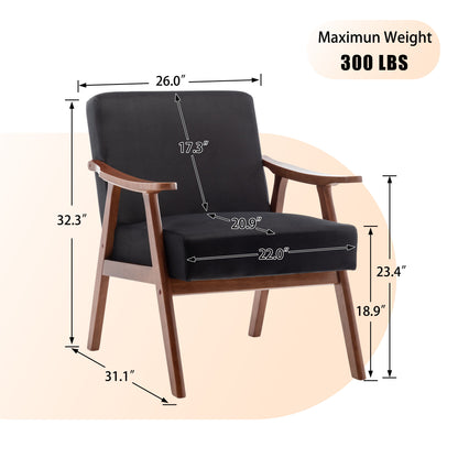 Mid Century Modern Wingback Accent Chair With Solid Wood Frame And Extra Thick Backrest - Lounge Chair For Living Room, Bedroom - Black